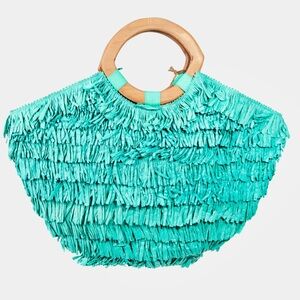 Boutique Wooden Hoop Handle Raffia Ruffle Tote Bag
